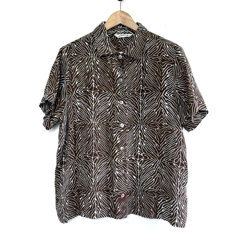 ORVIS 100% rayon brown white safari comfortable button up short sleeve top shirt - Picture 1 of 7